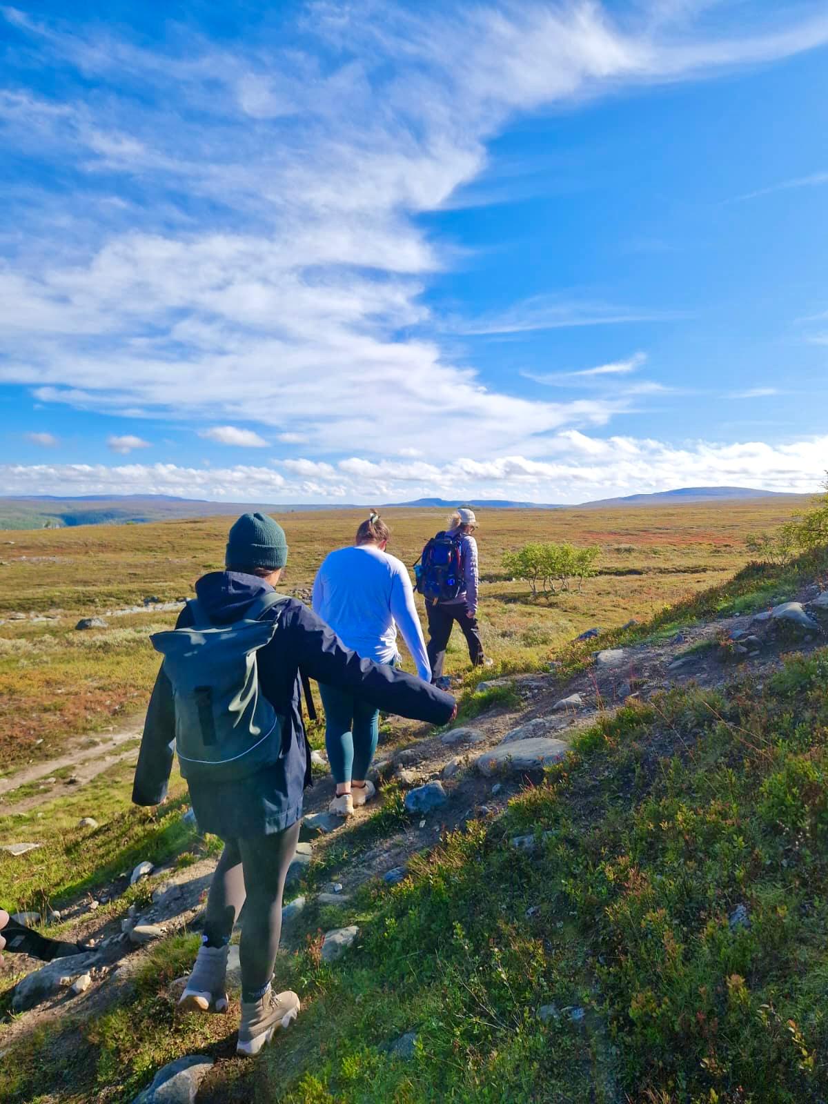 Three walkers following a moorland path under an open sky.